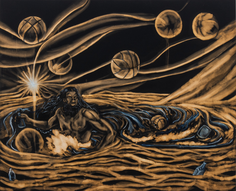 This is a painting made with bleach and oil paint on a black canvas depicting a man in swirling water surrounded by basketballs and liquor bottles.