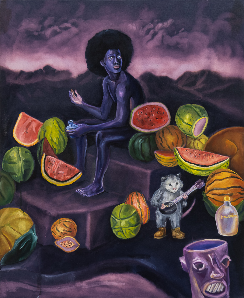 This is a painting of a man with an afro sitting on steps next to a rodent with a guitar and various watermelons.