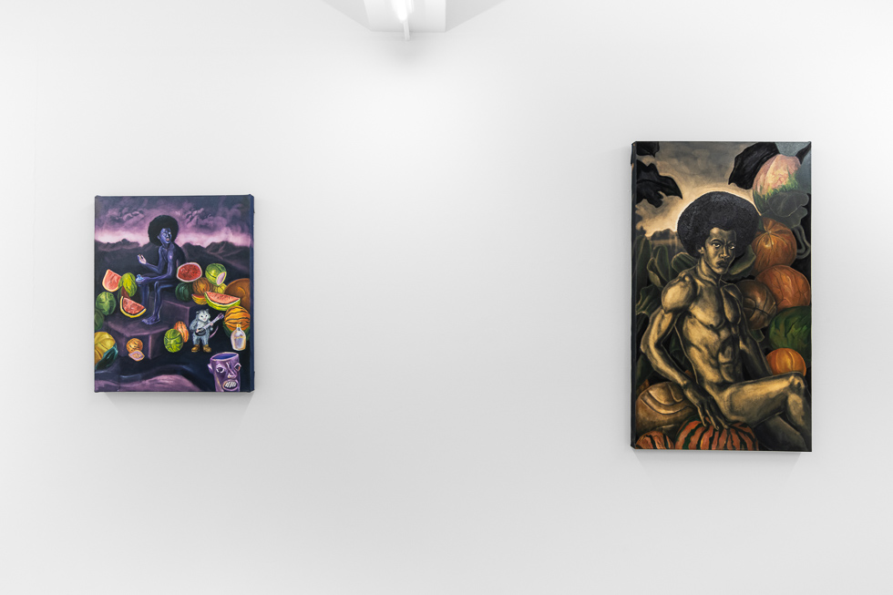 This is a photograph of paintings by Anthony Peyton Young on view at CLAMP in New York City.