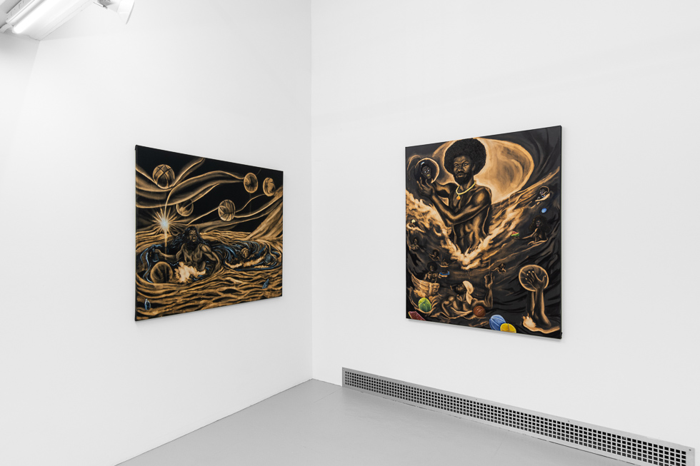 This is a photograph of paintings by Anthony Peyton Young on view at CLAMP in New York City.