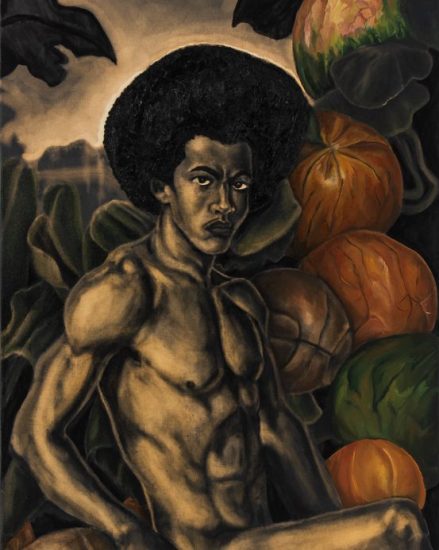 This is a painting of a Black man with an afro among a watermelon field.