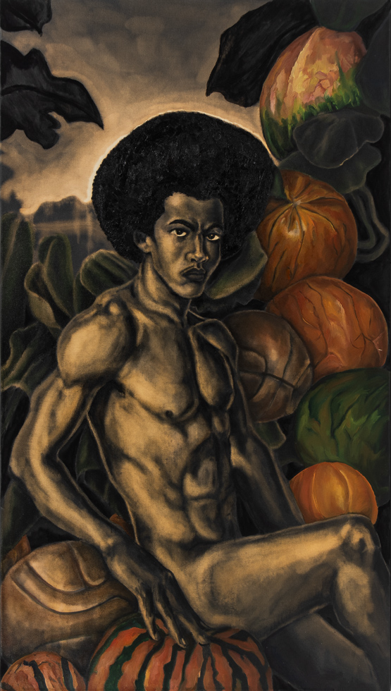 This is a painting of a man with an afro among a watermelon field.