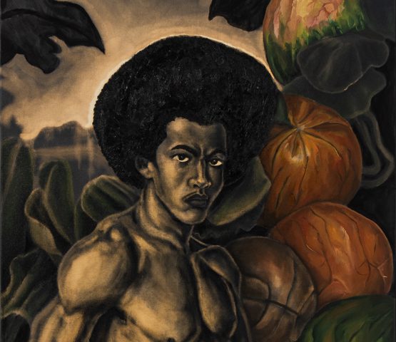 This is a painting of a man with an afro among a watermelon field.