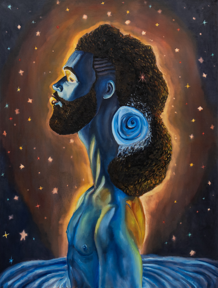 This is a painting of a man in a blue pool among golden stars with blue and yellow light shining.