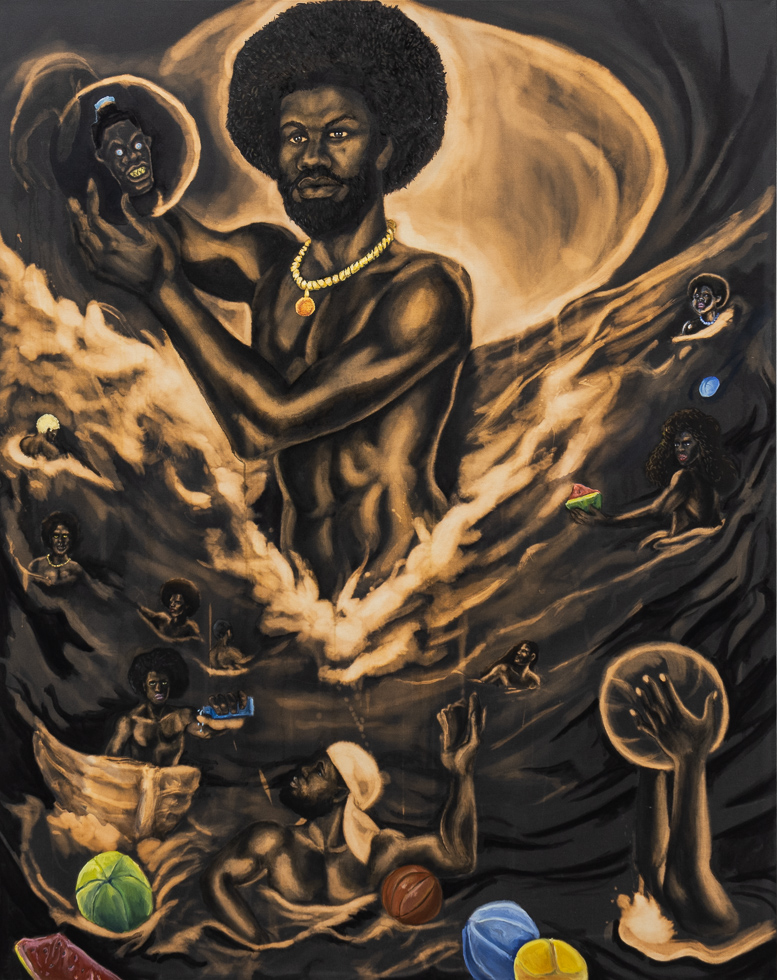 This is a painting of a man with a gold chain and afro parting the seas with various figures in his wave.