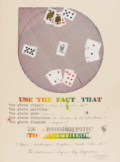 Click for sizes / editions / prices. This is a lithograph with playing cards arranged around a circle with text below on a yellow sheet of paper.