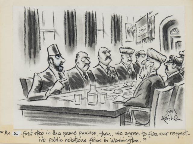 This is a drawing of men sitting at a conference table.