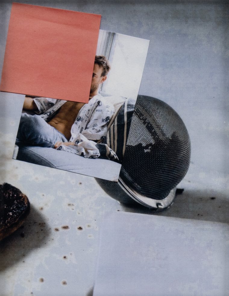 This is a photograph of a collage with a Post-It Note and a print of a man on a sofa against a bigger print of a tea ball.