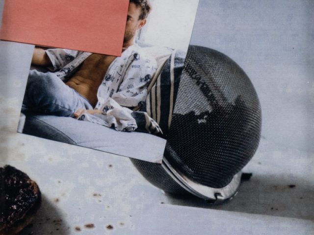 This is a photograph of a collage with a Post-It Note and a print of a man on a sofa against a bigger print of a tea ball.