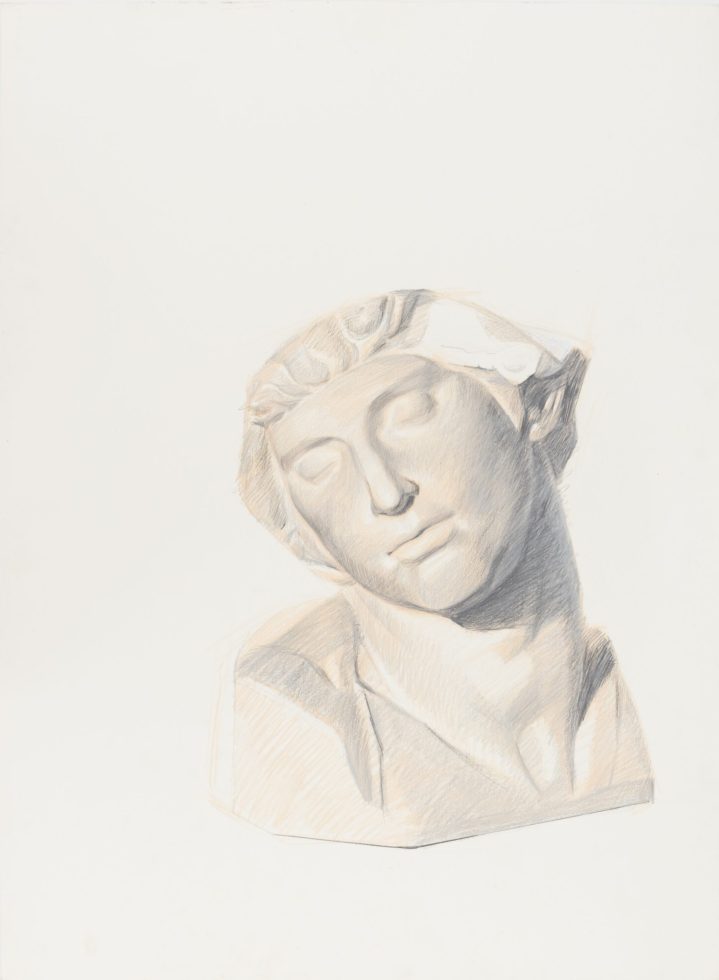 This is a drawing of classical bust in white stone.