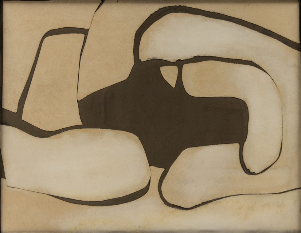 This is a beige, brown, and white collage made with canvas, linen, paper, and paint.