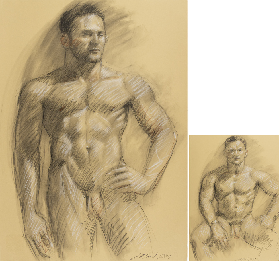 This is a drawing of a nude man standing with one arm on his hip.