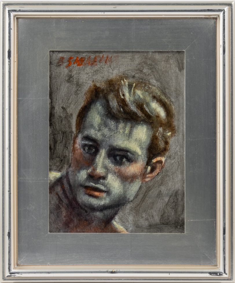 This is a painting of a man's head with a gray background in a silver-colored frame.