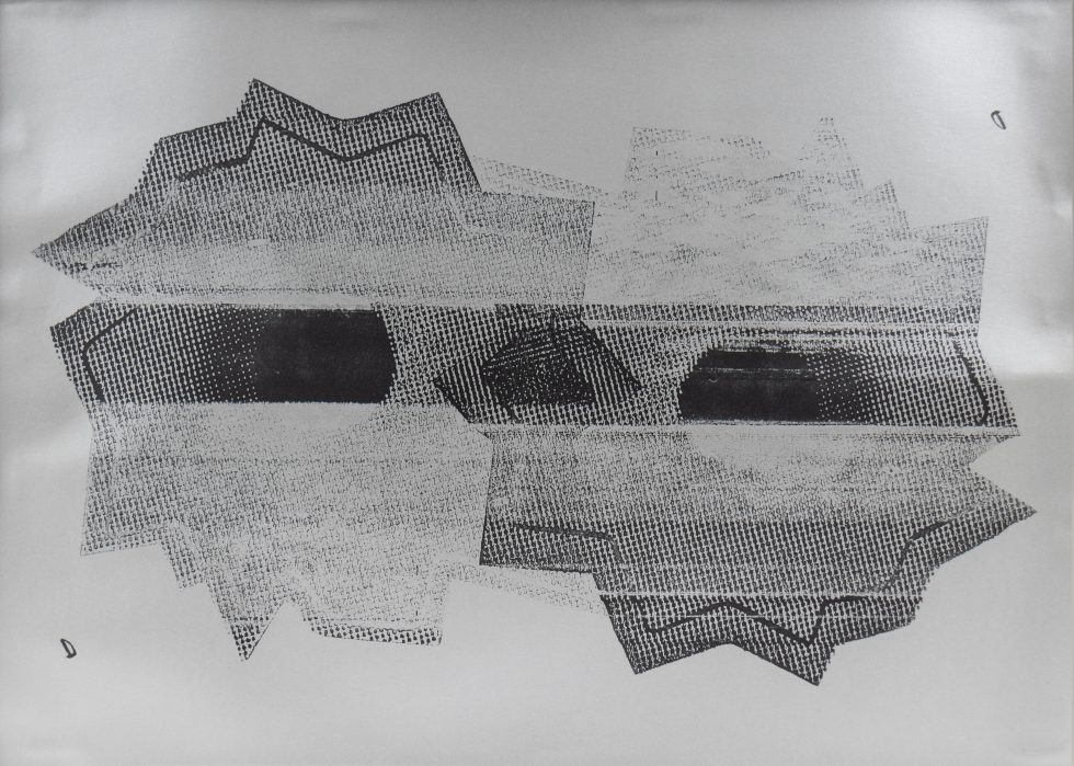 This is a screenprint on silver metallic paper of two abstracted bullet holes.