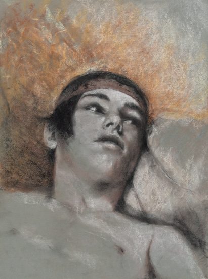 This is a painting of a shirtless young man with dark hair.