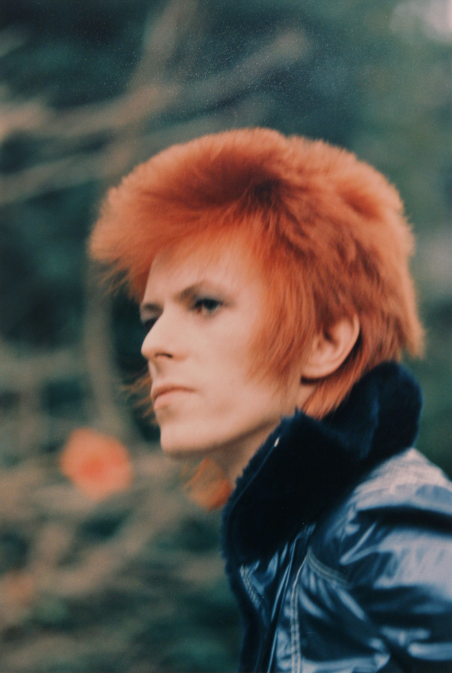 This is a photograph of David Bowie in profile with orange hair.