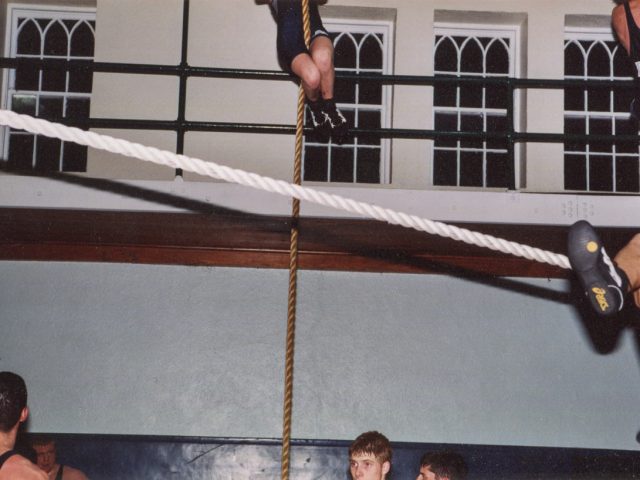 This is a color photograph of wrestlers training.