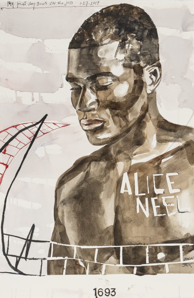 This is a watercolor painting of a shirtless man.