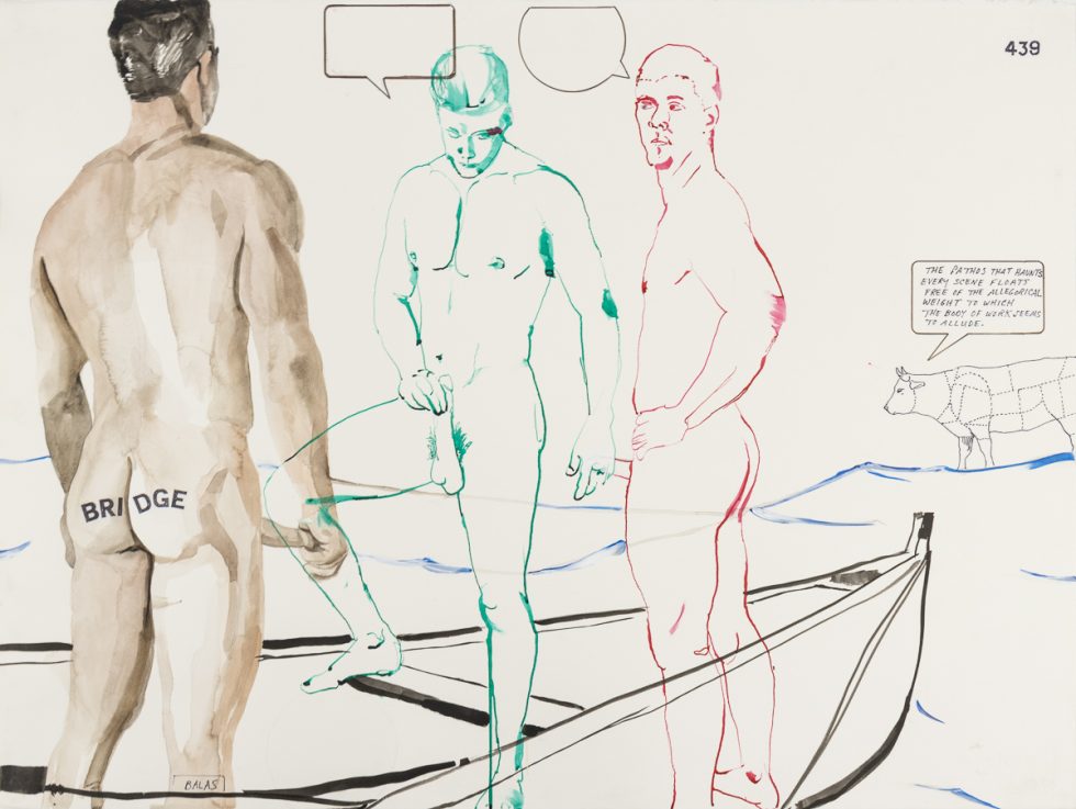 This is a watercolor and ink painting on paper depicting a group of nude men standing in a canoe.