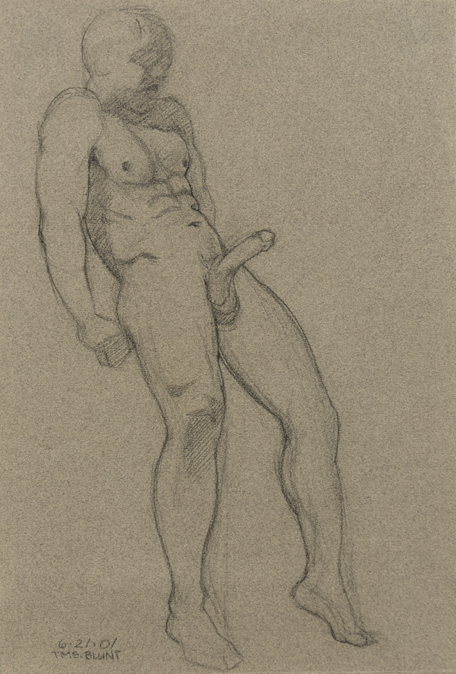 This is a graphite drawing on green paper of a male nude figure leaning back.