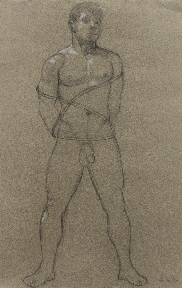 This is a graphite drawing on moss green paper of a nude man with a rope tied around his torso.