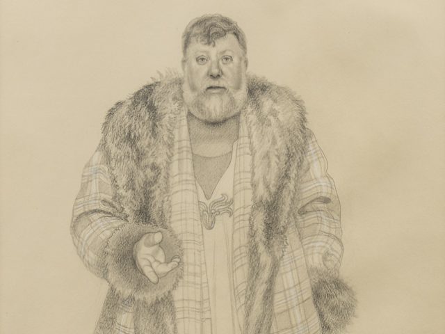 This is a graphite drawing of a man in a plaid shearling coat.