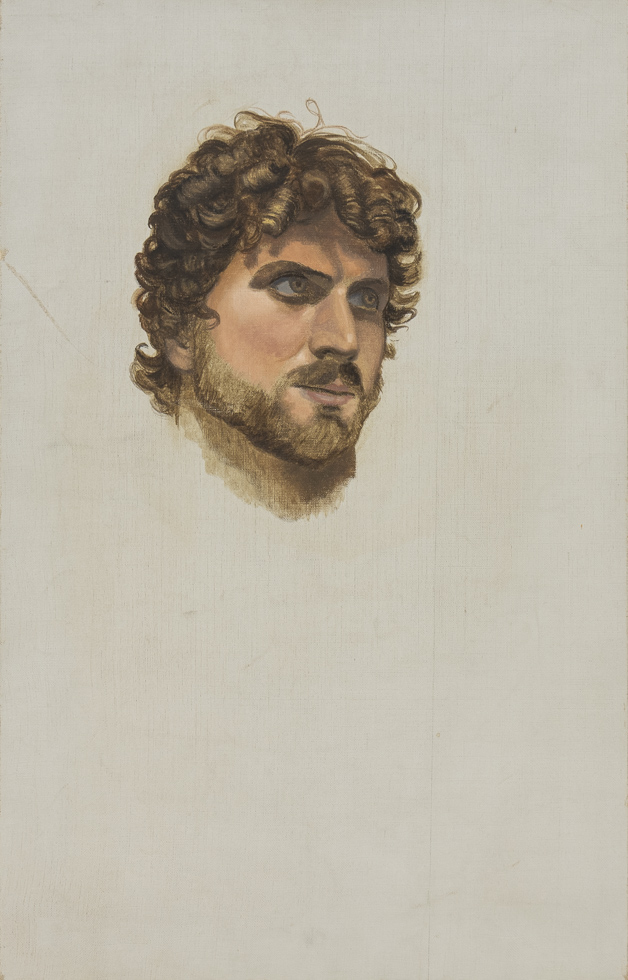 This is a painting of a man's head with curly hair and a beard against a white background.
