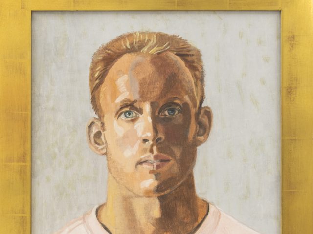 This is a painting of a man with blond hair from the shoulders up, wearing a pink t-shirt against a white background.