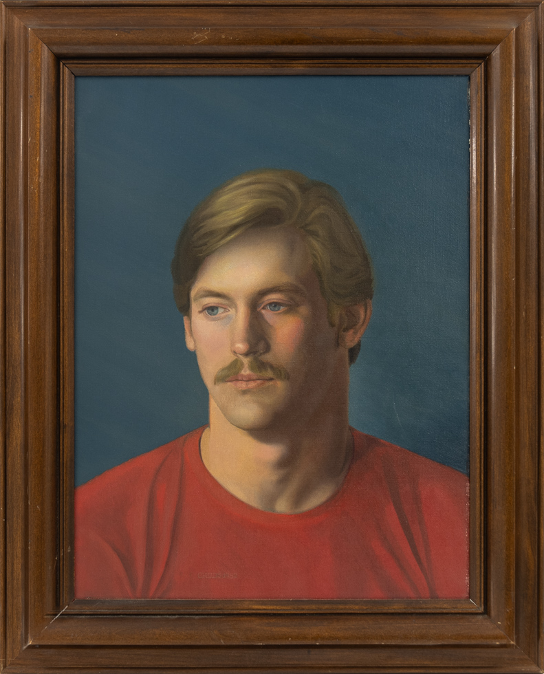 This is a painting of a man in a red shirt against a blue background.