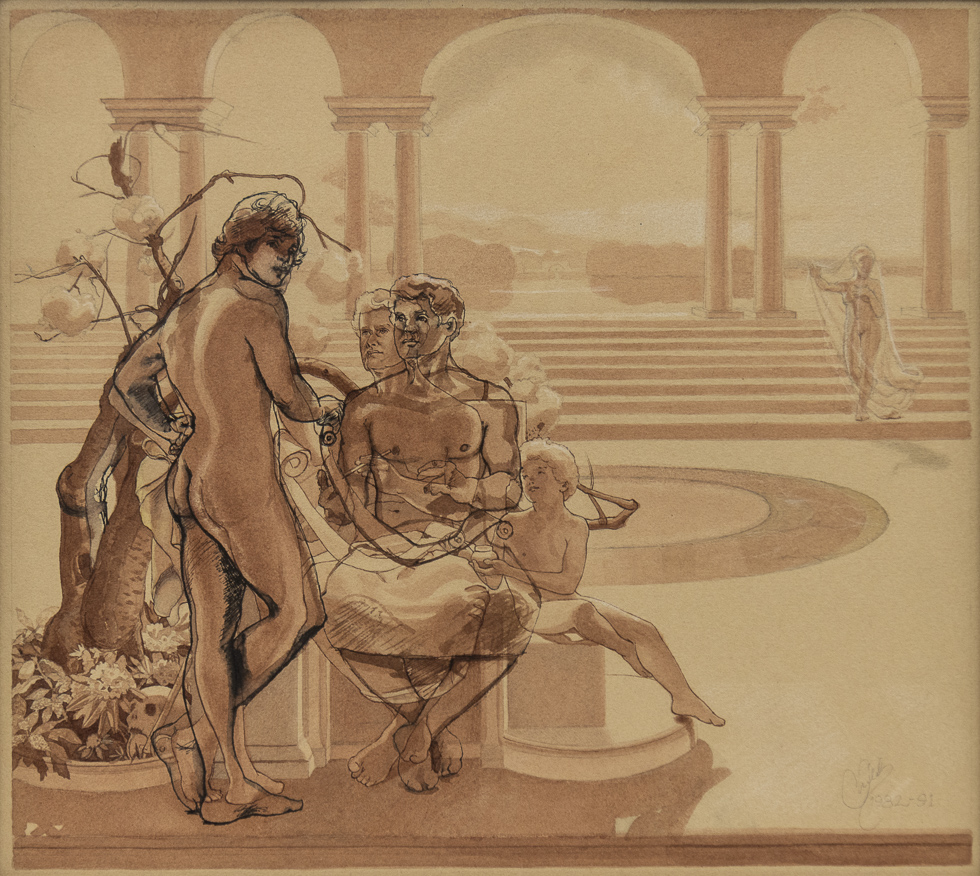 This is a drawing made with ink wash on buff paper depicting three men at various ages in a classical royal courtyard.