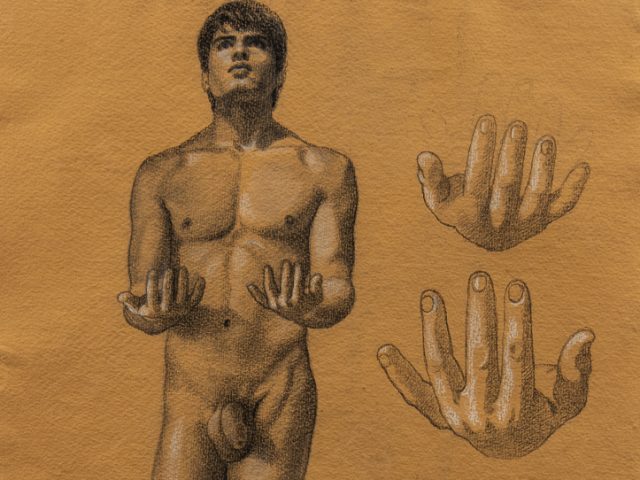 This is a drawing on yellow paper of a nude model and details of his hands.