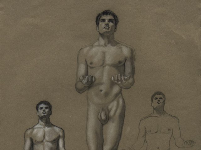 This is a drawing of three nude men on green paper.