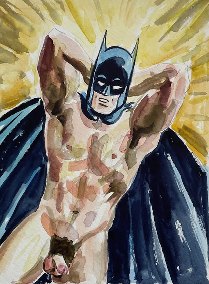 This is a drawing of batman shirtless against a yellow background.