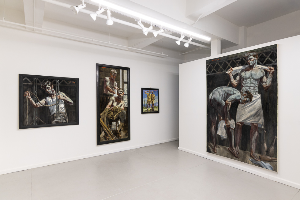 This is a photograph of oil paintings in a gallery setting.