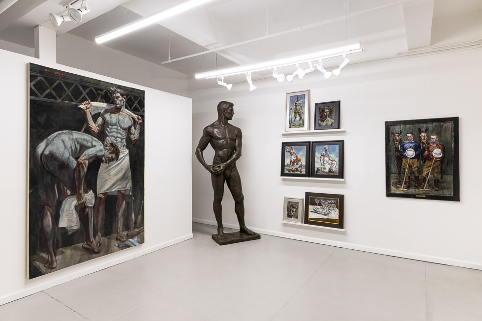 This is a photograph of oil paintings in a gallery setting.