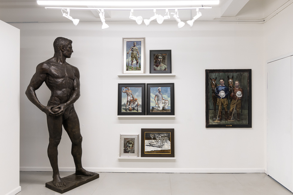 This is a photograph of oil paintings in a gallery setting.
