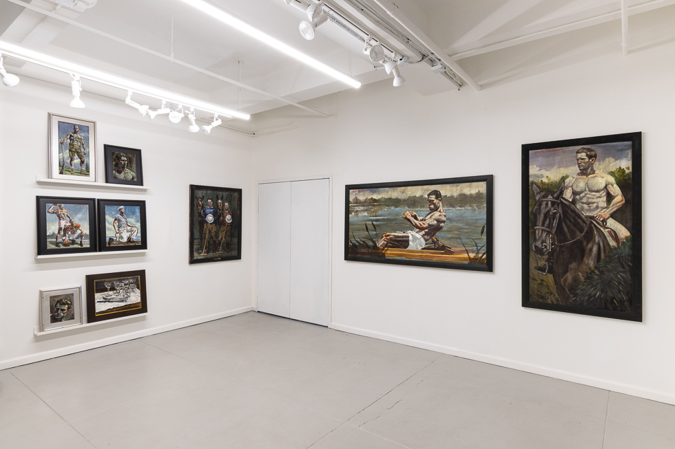 This is a photograph of oil paintings in a gallery setting.