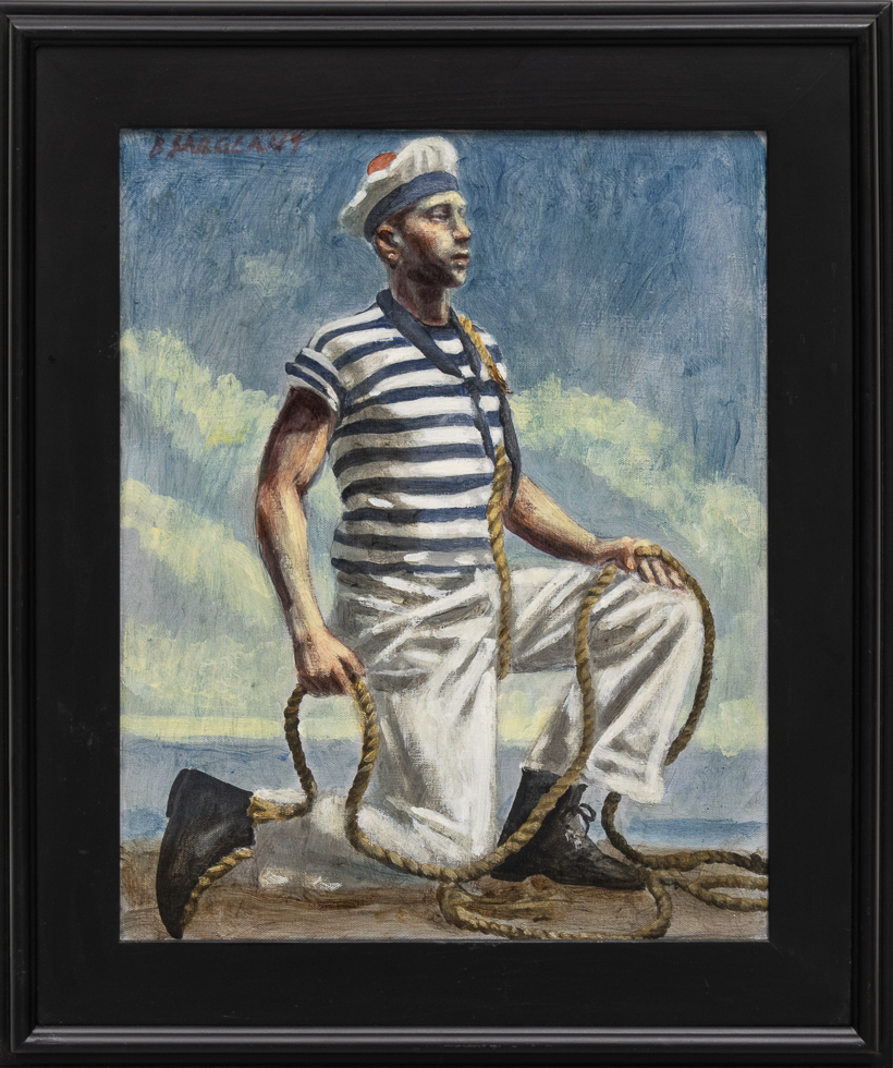 This is a painting of a sailor with a rope kneeling in front of the sea.