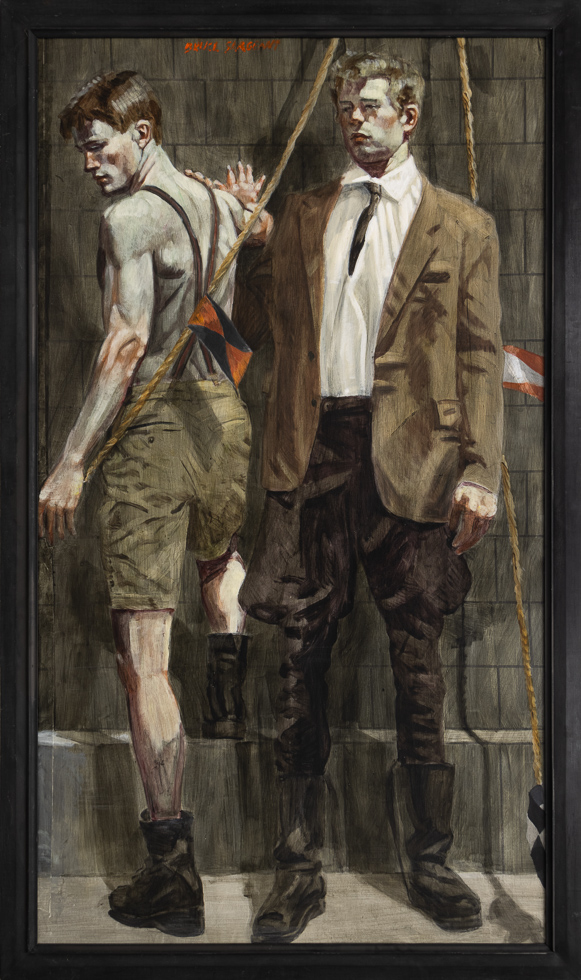 This is a painting of two men in front of a grey brick wall.