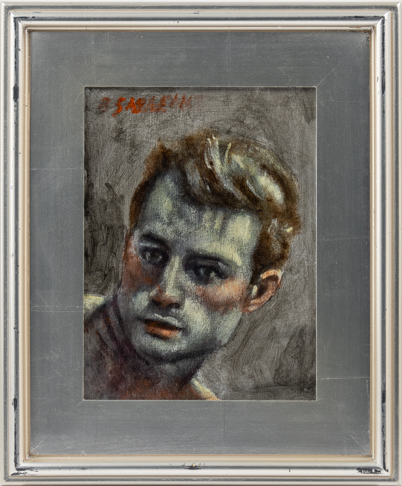 This is an oil painting of a man's head against a grey background displayed in a silver frame.