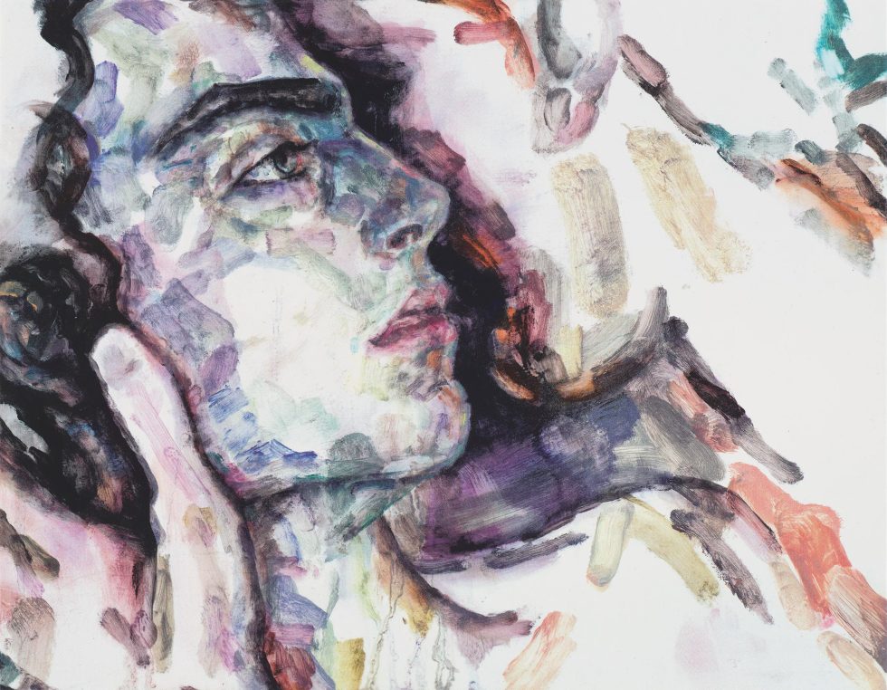 This is a screen print of two male figures in a tender embrace.