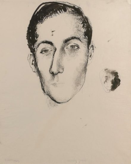 Click for sizes / editions / prices. This is a drawing of a man with short hair and a narrow head in black ink on paper.