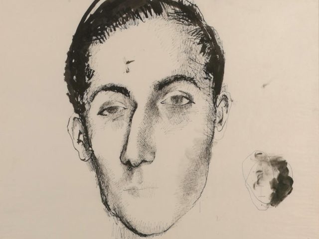 This is a drawing of a man with short hair and a narrow head in black ink on paper.