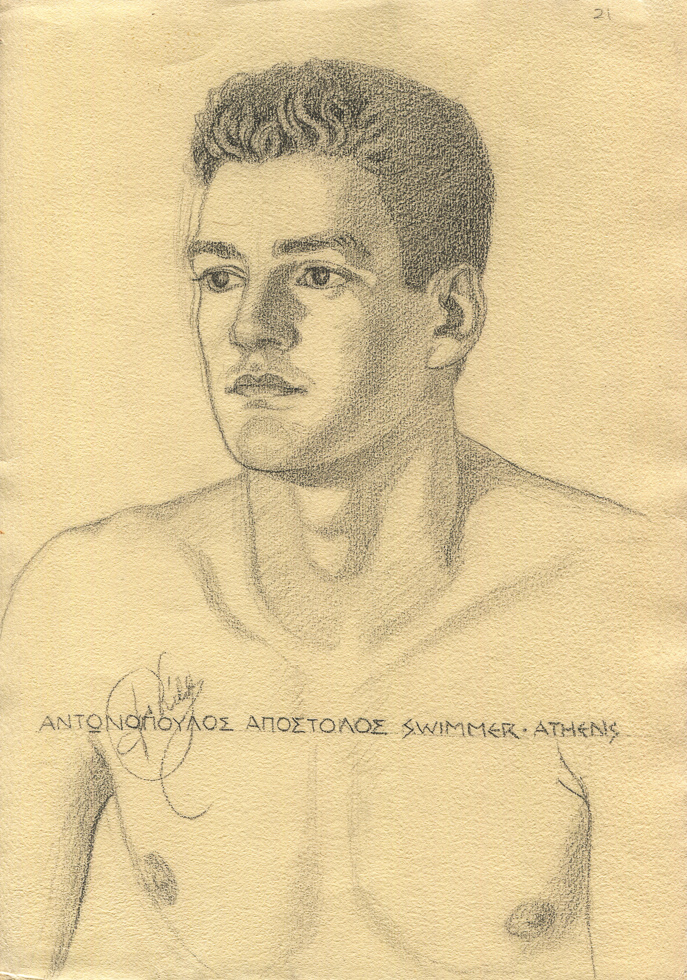 This is a work on paper depicting a shirtless olympic athlete.