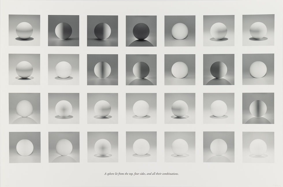 This is a black and white series of photographs depicting a sphere in a variety of lighting scenarios.