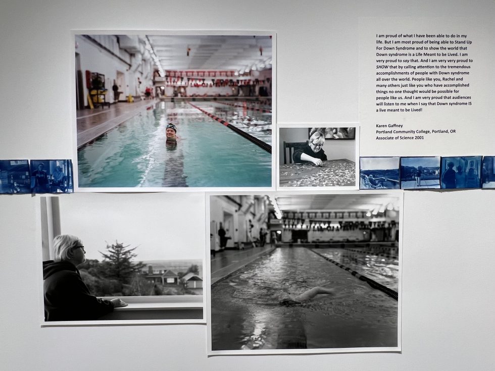 This is a series of black and white and color photographs displayed on a wall.