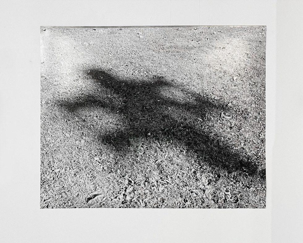 This is a black and white photograph of a shadow in the grass.