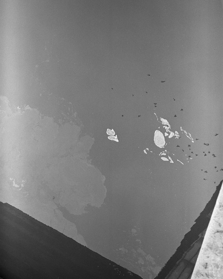 This is a black and white photograph of a canal.