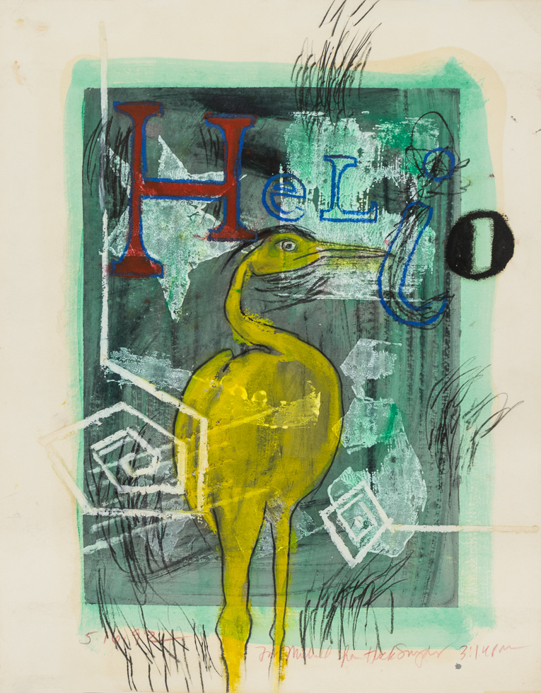 This is a photograph of a work on paper of a yellow bird against a turquoise background.