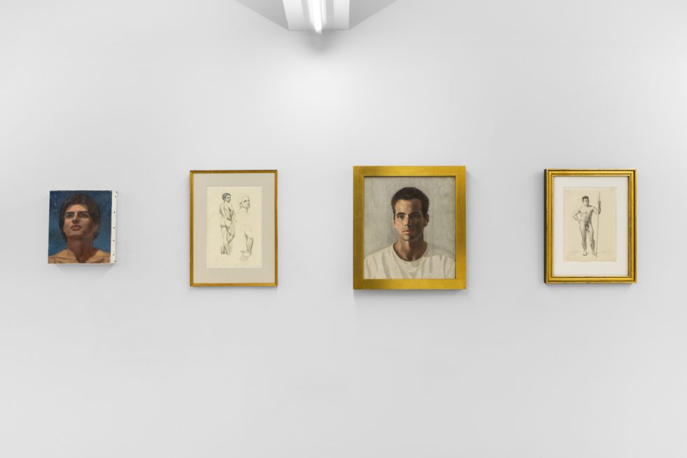 This is an installation image of a painting and drawing exhibition inside a white-walled gallery space.